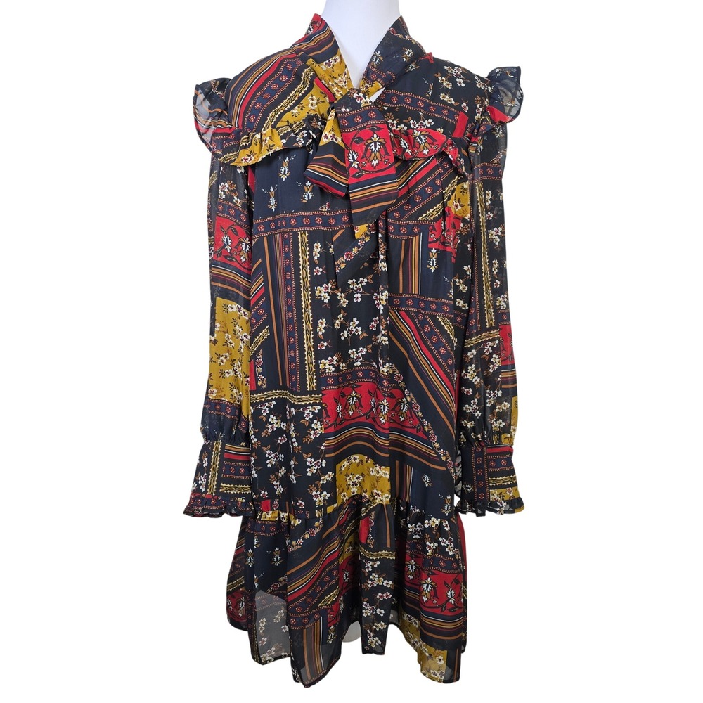 Julia Jordan Womens Size 8 Mixed Floral Patchwork Tie Neck‎ Ruffle Mini Dress